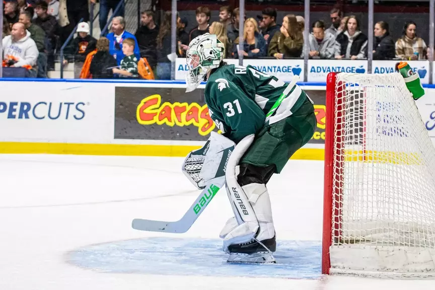 MSUs Joshua Ravensbergen, #31, watches the net on Saturday, Oct. 17, 2026, at Blue Cross Blue Shield Arena. RIT Athletics / Elizabeth Robertson.