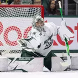 Joshua Ravensbergen makes a glove save against Boston College