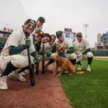 Group of Michigan State baseball players with Zeke the Wonder Dog at Crosstown Showdown.