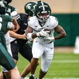 Jaziun Patterson runs the ball during the 2026 Spring Showcase at Spartan Stadium.