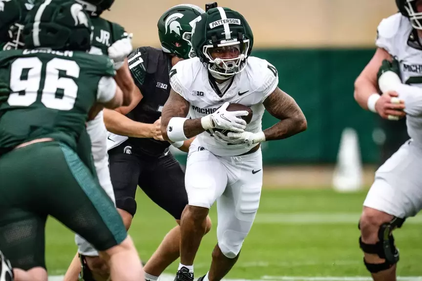 Jaziun Patterson runs the ball during the 2026 Spring Showcase at Spartan Stadium.