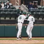 Randy Seymour and Parker Picot celebrate together at home plate after Picot's HR vs EMU on May 12, 2026.