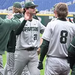 Aidan Donovan is congratulated by teammates during the Big Ten Tournament game vs. Purdue at Charles Schwab Field Omaha in Omaha, Nebraska on May 19, 2026