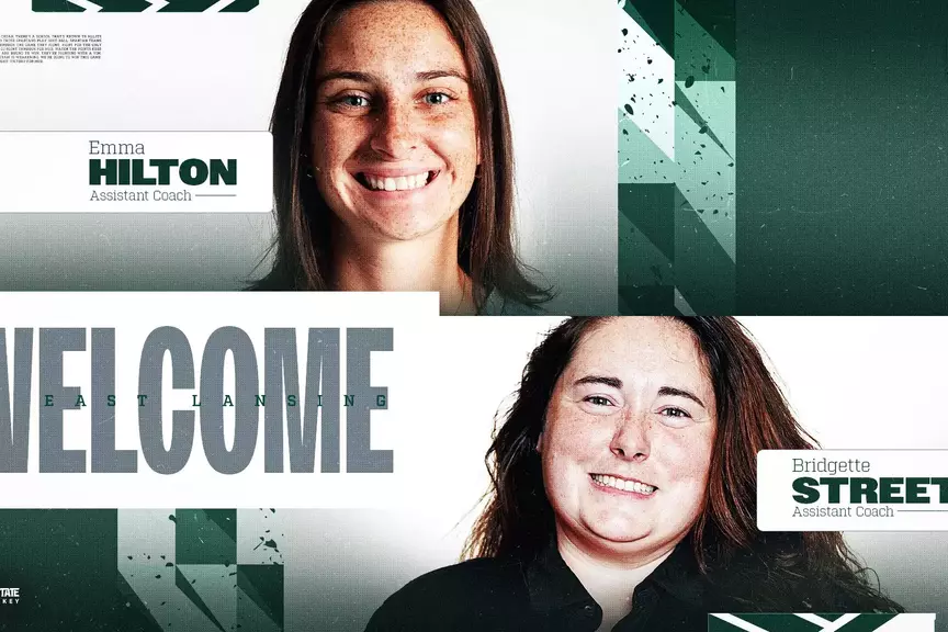 Graphic announcing Emma Hilton and Bridgette Street as Field Hockey Assistant Coaches in 2026