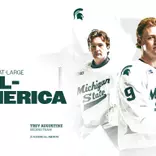 A graphic congratulating Matt Basgall and Trey Augustine for earning 2025-26 CSC At-Large Academic All-America honors