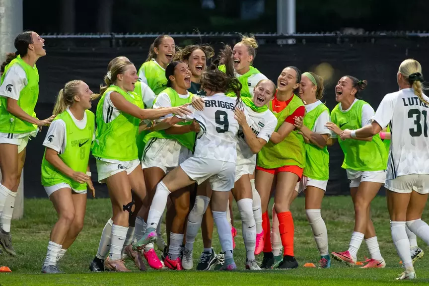 MSU Celebrates a Kayla Briggs goal in the 2026 season opener
