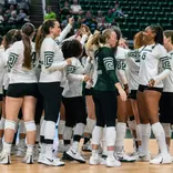 Volleyball team huddle 2026 vs. Western Michigan