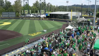 Oregon Ducks take on Oral Roberts Golden Eagles in game 1 of NCAA super regionals in Eugene, Oregon on June 9, 2023 (Isaac Wasserman/Eric Evans Photo)