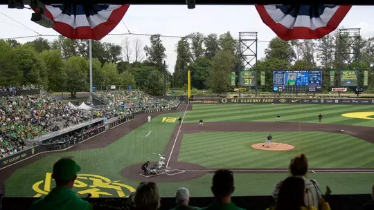 Oregon Ducks take on Oral Roberts Golden Eagles in game 1 of NCAA super regionals in Eugene, Oregon on June 9, 2023 (Isaac Wasserman/Eric Evans Photo)
