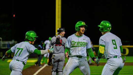 The University of Oregon Ducks Baseball team defeated the Seattle University Redhawks 5-4 in a home game at PK Park in Eugene, Ore., on March 27, 2024.  (Eric Becker/Oregon Baseball)