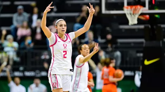 The University of Oregon Ducks Women's Basketball team played the University of Illinois Fighting Illini in a home game at Matthew Knight Arena in Eugene, Ore., on Feb. 4, 2026. (Eric Becker/Oregon WBB)