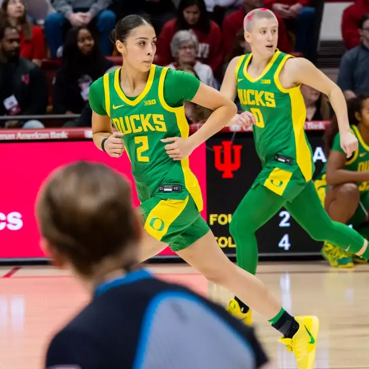 The Oregon women's basketball team takes on Indiana at Simon Skjodt Assembly Hall in Bloomington, Ind., on Feb. 22, 2026.