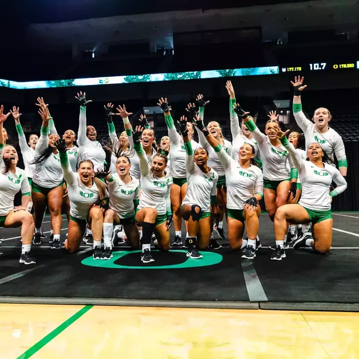 The Oregon Ducks acrobatics and tumbling team hosted the Quinnipiac Bobcats in their first home meet of the 2026 season on Saturday, Feb. 21 in Matthew Knight Arena.