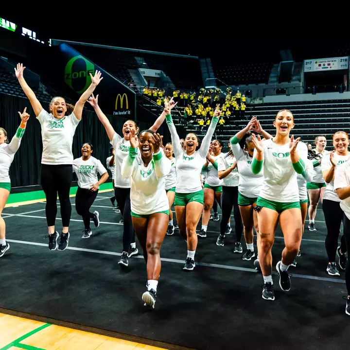 The Oregon Ducks acrobatics and tumbling team hosted the Quinnipiac Bobcats in their first home meet of the 2026 season on Saturday, Feb. 21 in Matthew Knight Arena.