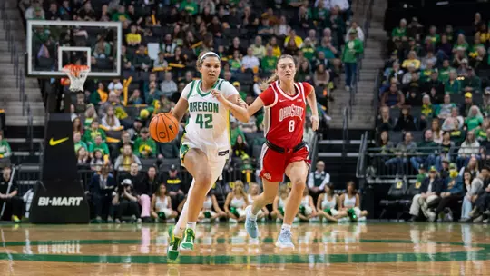 The Oregon women's basketball team takes on Ohio State at Matthew Knight Arena on Feb. 8, 2026.