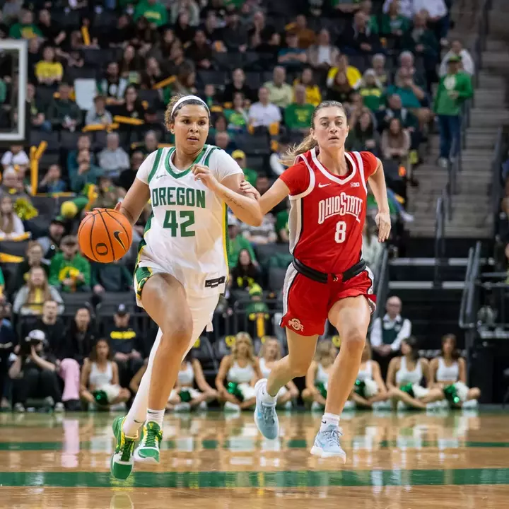 The Oregon women's basketball team takes on Ohio State at Matthew Knight Arena on Feb. 8, 2026.