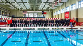 2025-2026 Swimming & Diving Team Photo on the bulk head at CRWC Natatorium