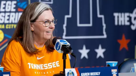 OKLAHOMA CITY, OK - May 28, 2025 - Head Coach Karen Weekly of the Tennessee Lady Volunteers during media availability before the 2025 NCAA Women's College World Series at Devon Park in Oklahoma City, OK. Photo By Andrew Ferguson/Tennessee Athletics
