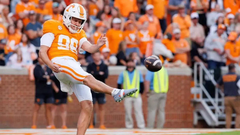 KNOXVILLE, TN - October 11, 2025 - Punter Jackson Ross #98 of the Tennessee Volunteers during the game between the Arkansas Razorbacks and the Tennessee Volunteers at Neyland Stadium in Knoxville, TN. Photo By Ryan Beatty/Tennessee Athletics