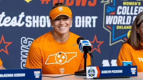 OKLAHOMA CITY, OK - May 28, 2025 - Pitcher Karlyn Pickens #23 of the Tennessee Lady Volunteers during media availability before the 2025 NCAA Women's College World Series at Devon Park in Oklahoma City, OK. Photo By Andrew Ferguson/Tennessee Athletics