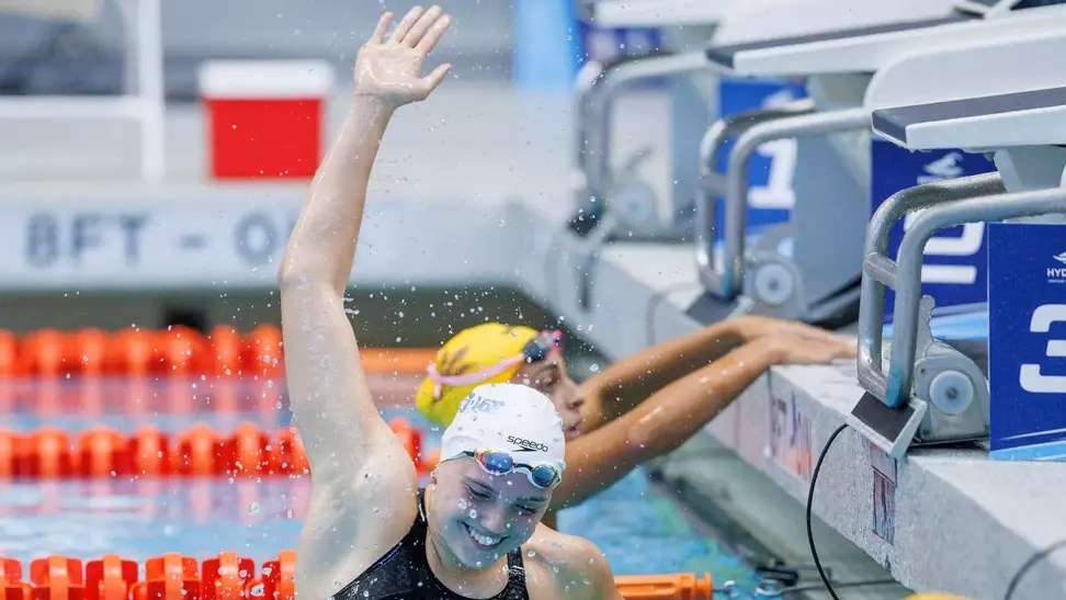 Emily Brown Celebrates Post Race at Allan Jones Intercollegiate Aquatic Center