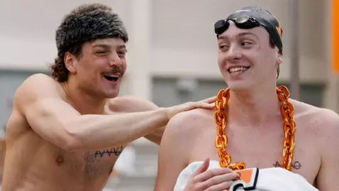 Nick Simons and Mac Clark Celebrate Following Victory in Dual Meet Against Duke