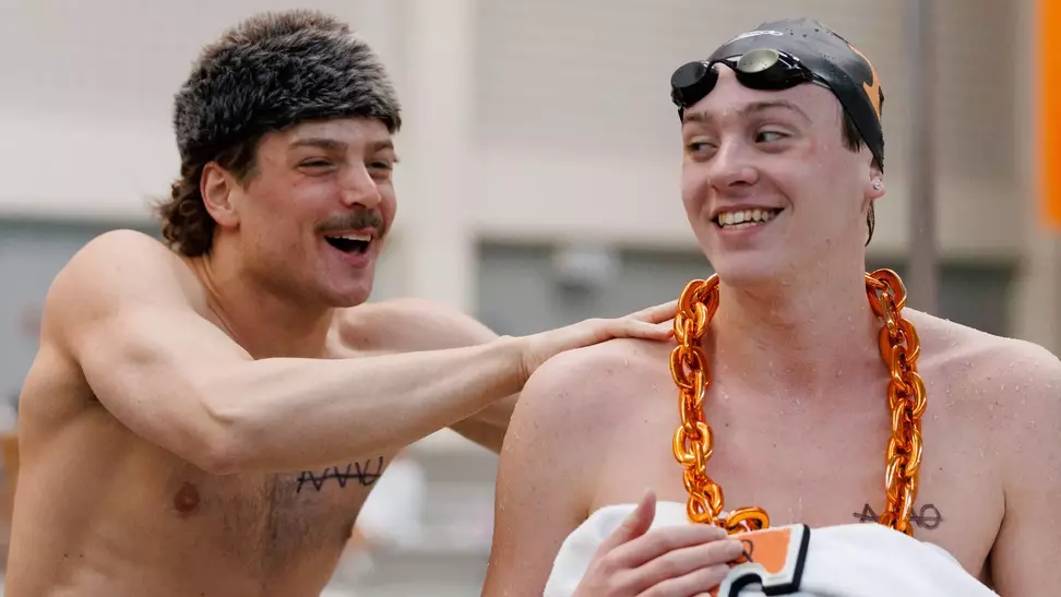 Nick Simons and Mac Clark Celebrate Following Victory in Dual Meet Against Duke