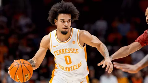 KNOXVILLE, TN - February 18, 2026 - Guard Ja'Kobi Gillespie #0 of the Tennessee Volunteers during the game between the Oklahoma Sooners and the Tennessee Volunteers at Food City Center in Knoxville, TN. Photo By Andrew Ferguson/Tennessee Athletics
