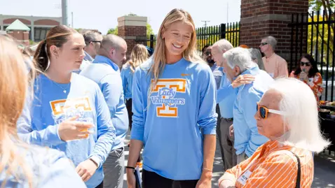KNOXVILLE, TN - April 21, 2026 - Pitcher Karlyn Pickens #23 of the Tennessee Lady Volunteers and Marilyn Elrod during the groundbreaking ceremony for the renovated team clubhouse at Sherri Parker Lee Stadium in Knoxville, TN. Photo By Andrew Ferguson/Tennessee Athletics