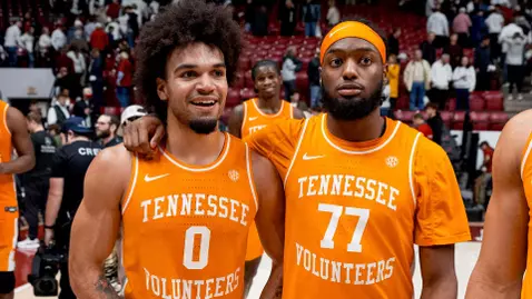 TUSCALOOSA, AL - January 24, 2026 - Guard Ja'Kobi Gillespie #0 and Guard Amaree Abram #77 of the Tennessee Volunteers after the game between the Alabama Crimson Tide and the Tennessee Volunteers at Coleman Coliseum in Tuscaloosa, AL. Photo By Andrew Ferguson/Tennessee Athletics