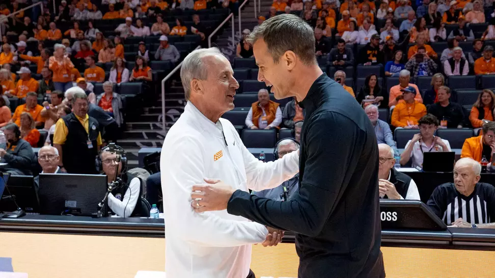 KNOXVILLE, TN - October 26, 2025 - Head Coach Rick Barnes of the Tennessee Volunteers and Head Coach Jon Scheyer of the Duke Blue Devils before an exhibition game between the Duke Blue Devils and the Tennessee Volunteers at Food City Center in Knoxville, TN. Photo By Andrew Ferguson/Tennessee Athletics