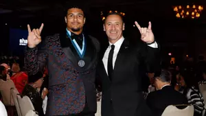 Trey Moore and head coach Steve Sarkisian at NFF Awards Dinner 2025