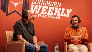 Coach Miller with Craig Way on set of Longhorn Weekly radio show
