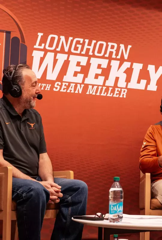 Coach Miller with Craig Way on set of Longhorn Weekly radio show
