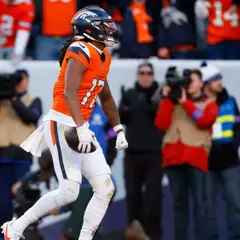 DENVER, COLORADO - JANUARY 17: Lil'jordan Humphrey #17 of the Denver Broncos celebrates after scoring a 29 yard touchdown against the Buffalo Bills during the second quarter in the AFC Divisional Playoff game at Empower Field At Mile High on January 17, 2026 in Denver, Colorado. (Photo by Justin Edmonds/Getty Images)