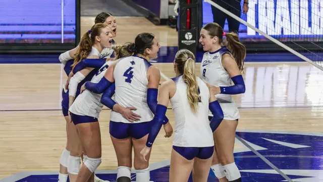 ACU volleyball celebrates a point in a 3-0 loss to Utah Tech at Moody Coliseum on Oct. 11, 2025.
