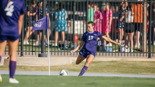 Raelin Miller kicks a corner kick in ACU's 1-0 win over Northwestern State at Elmer Gray Stadium on Sept. 11, 2025.