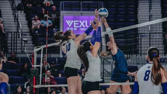 Aubrey Beaver attempts to block an attack in ACU's 3-0 win over California Baptist at Moody Coliseum on Nov. 13, 2025.