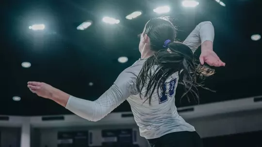 Aubrey Beaver delivers an attack in ACU's 3-2 loss to Utah Valley at Moody Coliseum on Nov. 15, 2025.