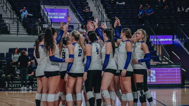 ACU volleyball huddles during a 3-0 win over California Baptist at Moody Coliseum on Nov. 13, 2025.