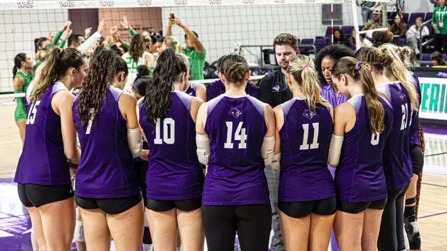 ACU volleyball huddles after a 3-0 loss to Utah Valley in the WAC Tournament at Moody Coliseum on Nov. 21, 2025.