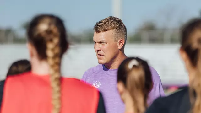 Stephen Salas speaks with the ACU soccer team during a practice at Elmer Gray Stadium on July 29, 2025.