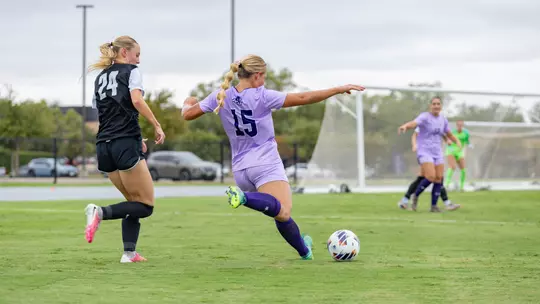 Charlise Smith kicks the soccer ball in ACU's matchup with Central Arkansas at Elmer Gray Stadium on Oct. 4, 2026.