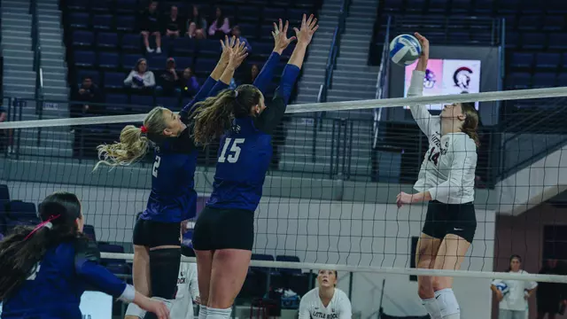 Avery Thaler and Hadlee Welch attempt to block an attack in ACU's 3-1 win over Little Rock at Moody Coliseum on Oct. 3, 2026.