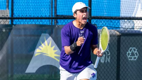 Luis Jose Nakamine shouts in excitement during the 2026 ASUN Team Men's Tennis Tournament
