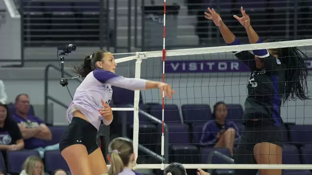 Alyssa Todd delivers an attack in ACU's 3-1 win over North Alabama at Moody Coliseum on Oct. 22, 2026.