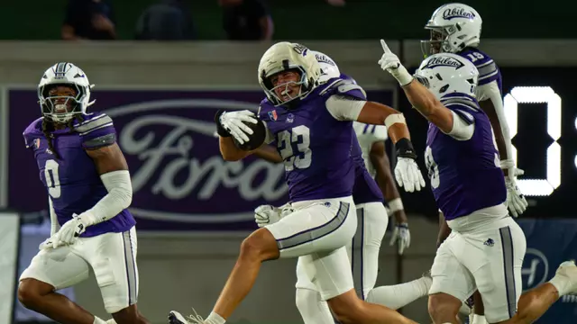 Boone Morris (23) celebrates a recovered fumble with teammates against Central Arkansas on Oct. 10, 2026