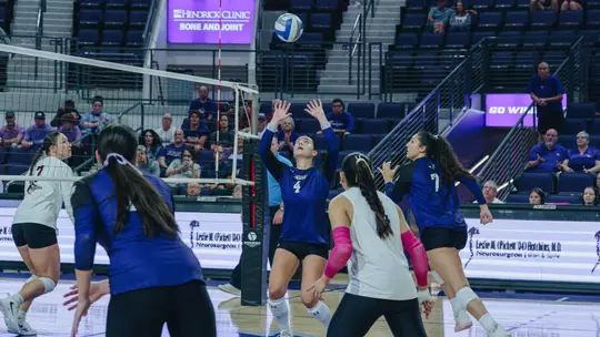 Rachel Koss sets a pass in ACU's 3-1 win over Little Rock at Moody Coliseum on Oct. 3, 2026.