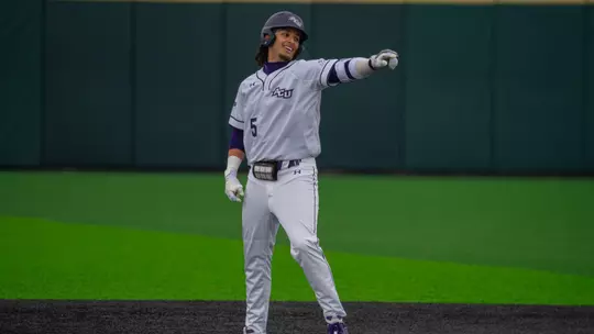 Nick Arias celebrates a double in ACU's 7-1 win over St. Thomas at Crutcher Scott Field at Bullock Brothers Ballpark on Feb. 13, 2026.
