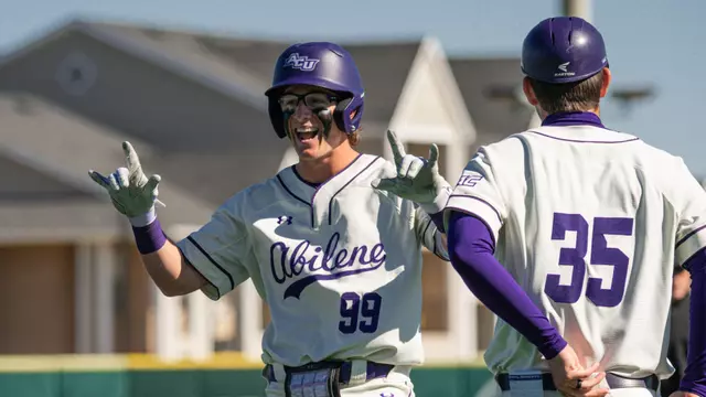 Maddox Miesse celebrates after reaching first base in ACU's 12-3 win over Oral Roberts at Crutcher Scott Field at Bullock Brothers Ballpark on Feb. 21, 2026.